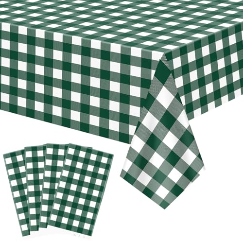 4 Pcs Green Plaid Tablecloth Plastic Green and White Checkered Tablecloths Waterproof Rectangle Green Gingham Tablecloth for Picnic Birthday Wedding Camping Holiday Christmas Parties, 52 x 86 in