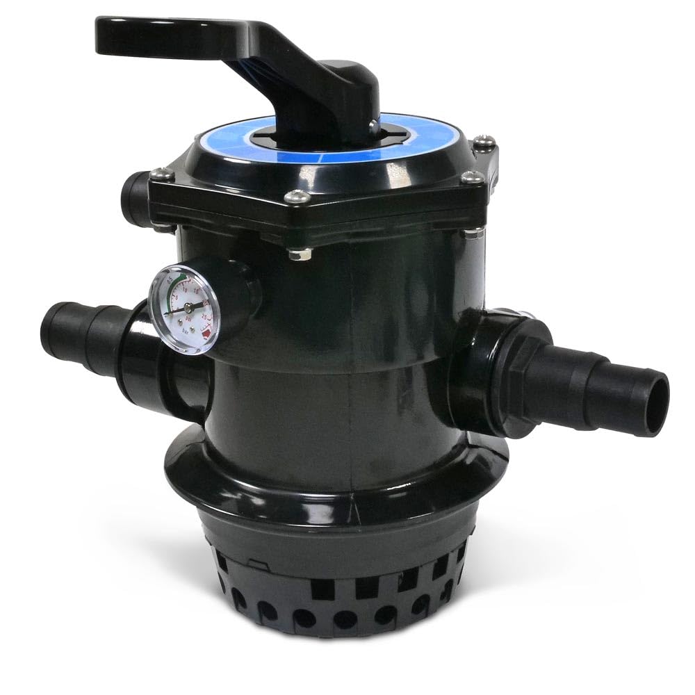 OKU 6-Wege Top-Mount-Ventil Komplett-Set - Ø 177 mm - Inkl. Manometer Spannring O-Ring Schlauchtüllen 32/38 mm Winterablassventil & Sandeinfüllhilfe - Passend für Filterkessel Ø 300/400/500 mm