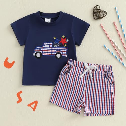 Image of 4th Of July Toddler Boy Outfit Popsicle American Flag T-Shirt and Gingham Plaid Shorts Set Independence Day Clothes