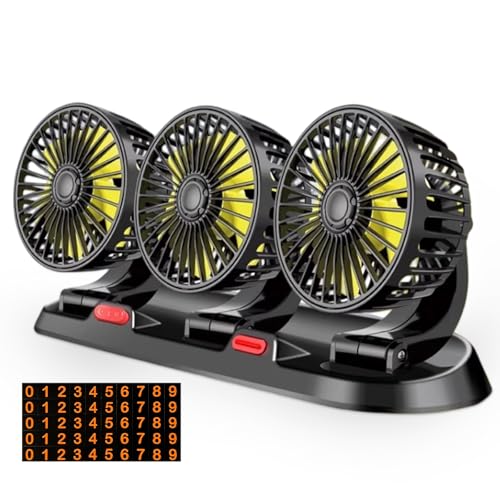 BAIFULAI Ventilateur de voiture 12 V : ventilateur USB à trois têtes 360° avec carte de stationnement et prise allume-cigare, ventilateur de voiture en...