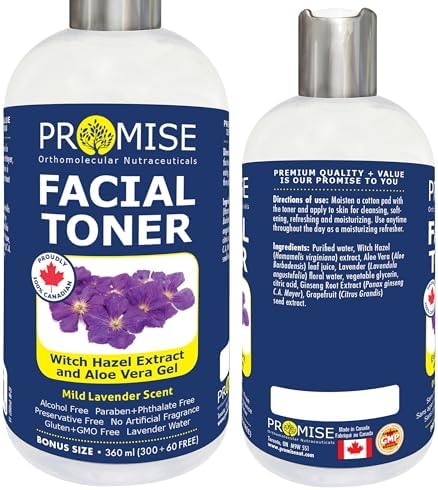 FACIAL TONER 360ml (12oz), Witch Hazel Extract and Aloe Vera Gel, Mild Lavender Scent, Made in Canada (Facial Toner, 360ml)