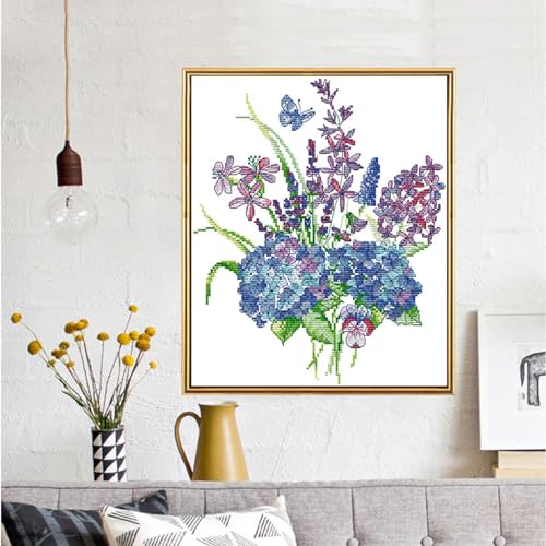 Image of Rosyfoxes Cross Stitch Kits Stamped Full Range of Embroidery Starter Kits for Beginners DIY -Printed Kit Hydrangea 8(Printed) 14CT11.4x13.4inches