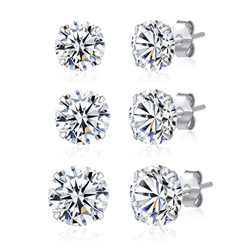 3 Pairs 925 Sterling Silver Cubic Zirconia Stud Earrings 5mm-6mm-7mm Set Men Women