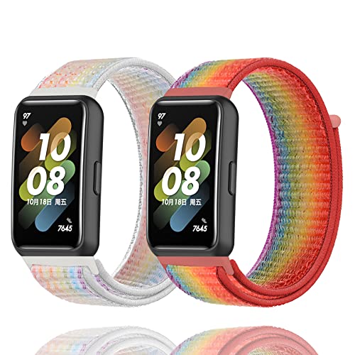 Keecuty Pack of 2 Nylon Wristbands for Huawei Band 7, Multicolour Adjustable Velcro Sport Loop Compatible with Huawei Band 7