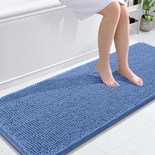 Image of OLANLY Bathroom Runner Rugs 59x24, Soft Absorbent Chenille Bath Rugs, Rubber Backing Quick Dry, Machine Washable Long Bath Mats for Bathroom, Tub and Shower, Home Decor Accessories, Cornflower Blue