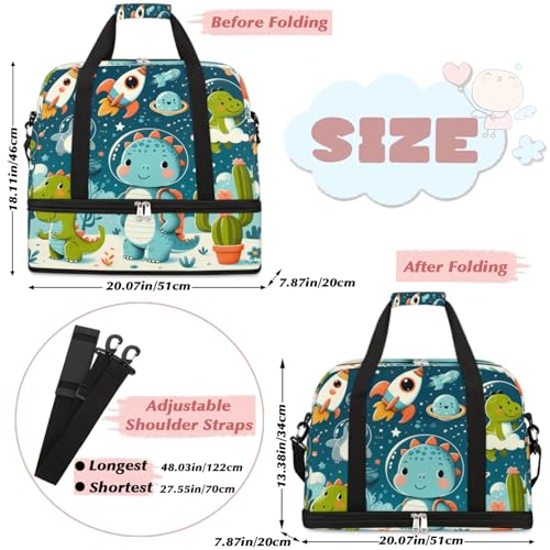 Travel Duffel Bags Cute Cartoon Dinosaur Foldable Weekender Bags for Women with Shoes Compartment Waterproof & Tear Resistant Carry on Overnight Luggage Duffel Bag Shoulder Sports Tote Bag2