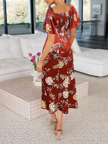 Image of Fashionme Womens Dresses 2026 Maxi Dresses Deep V Neck Elegant Bow Tie Front Cap Sleeve Summer Floral Satin Smocked Dress