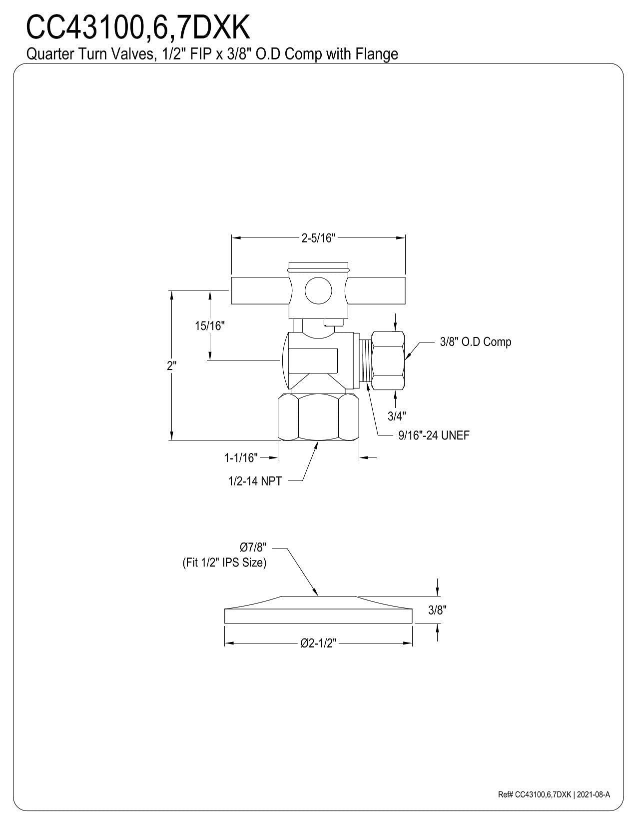 Kingston Brass CC43106DXK Concord 1/2" 3/8" OD Comp Valvola di arresto angolare con flangia, 1/2" FIP x 3/8" OD Compression, nichel lucido