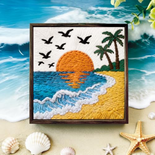 Image of BEUNITONE 2Set Punch Needle Kits with Beach Pre-Print Pattern Easy for Adults Beginners, DIY Craft Embroidery Needlepoint Kits, Punch Needle Set for Craft Lovers Home Decor Festival Gift 9.4x9.4 inch