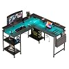 Gaming Desk L-Shaped with LED and Sockets 140 x 140 cm Corner Desk Reversible Computer Desk with Monitor Shelf 4 Shelves and Side Pockets for Home Office and Office