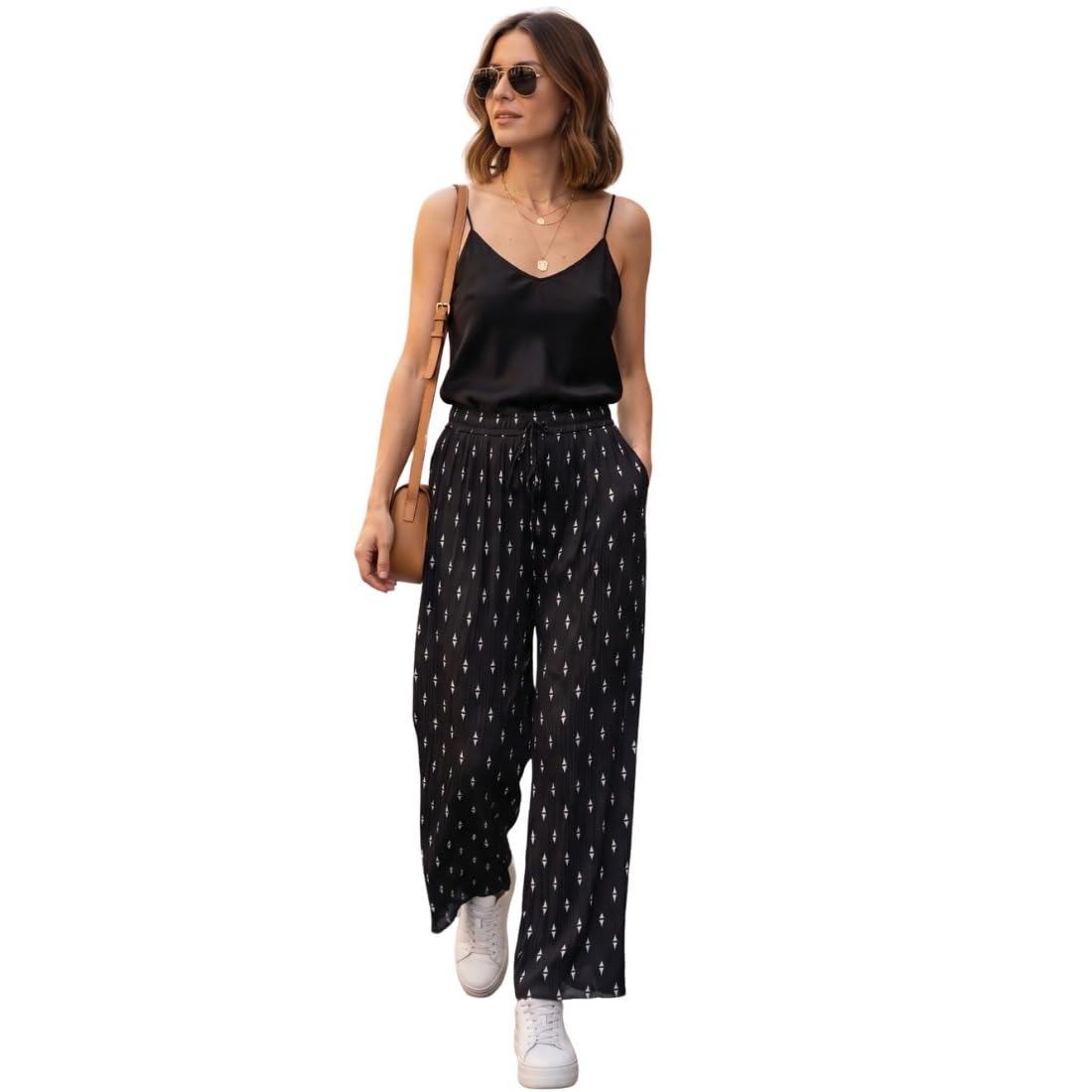 Women's Printed Wide Leg Palazzo Pants | High Waist Elastic Waist Lounge Trousers | Soft Casual Relaxed Fit Palazzo Black-M-picture-45
