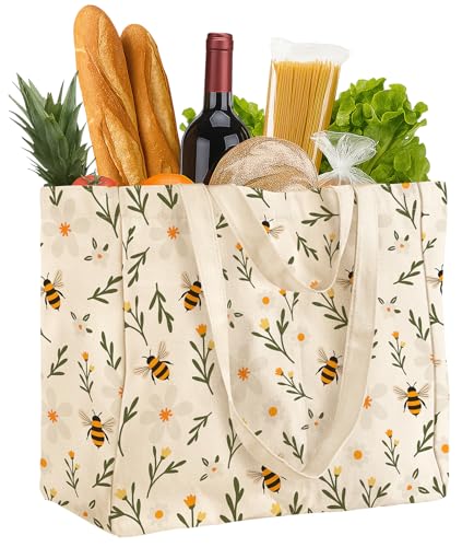 Miss Adola Extra Large Canvas Grocery Tote Bag - Reusable Washable Shopping Shoulder Bag with Inner Pockets & Handle Straps Wild Flowers & Bee