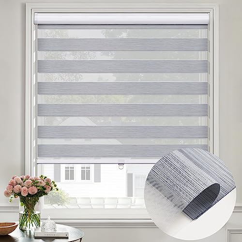 Moonice Zebra Roller Blinds Cordless Spring Lifting Zebra Shades with Dual Layer Day and Night Roller Blinds for Windows Light Control and Privacy for Home Bedroom Office (Gray, 147cm W x 122cm H)