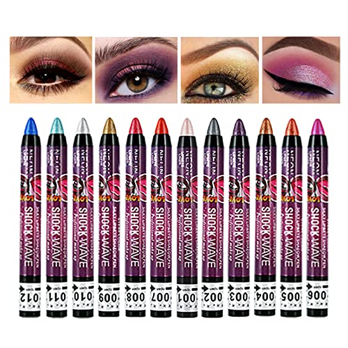 Meicoly 12 Pcs Eyeshadow Stick,Cream Smokey Eyeshadow Metallic Shimmer Crayon,Silver Eye Brightener Stick,Pro Waterproof & Long Lasting Shiny Bright Starter Rotating Eyeshadow Sticks #TOP7