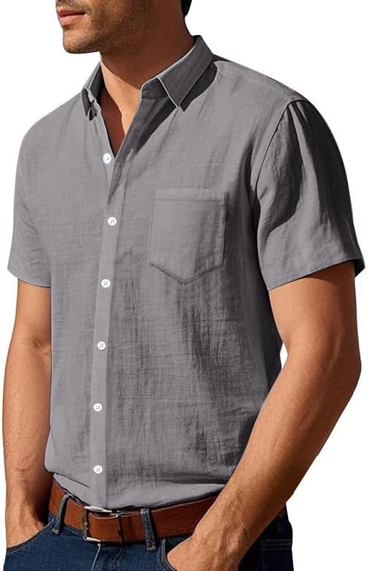 Men's Linen Shirt - Short Sleeve Button Down Collar Solid Casual Shirts with Pocket for Vacation Business - Image 2