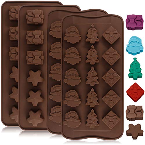 4 Pack Silicone Chocolate Candy Molds Trays, YuCool Baking Jelly Molds, Cake Decoration, with Shapes of Star, Gift Box, Christmas Tree, Santa Head - 2 Types