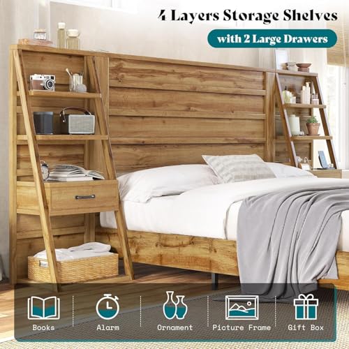 Image of AMERLIFE King Size Platform Bed Frame with Wide Headboard & Bookshelves