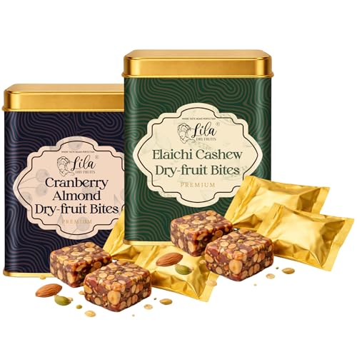Image of LILA DRY FRUITS Dry Fruit Bites Combo 200 g x 2 Cranberry Almond & Elaichi Cashew Dry Fruits Barfi | Soft Dates Energy Snack with Nuts | Natural Sweet Treat for Healthy Snacking Perfect for Gifting
