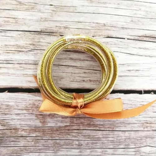 4-6 Years Kids Candy Rainbow Glitter Filled Silicon Tube Jelly Bangle Bracelet-Gold