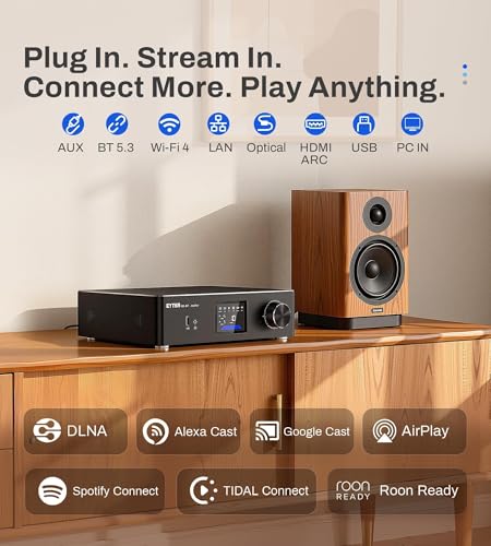 Image of P30 300W x 2 Multiroom Streaming Amplifier Stereo Music Streamer with ESS ES9023Q2M DAC & TI TPA3255DD Amps, 3 inch LCD Screen, WiFi, BT, Remote Control, PC in, HDMI ARC, Optical, RCA I /O Ports