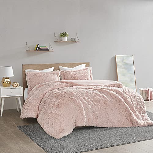 Intelligent DesignMalea Shaggy Duvet with Quilted Box Design, Long Faux Fur Comforter Cover Cozy Bedding Set, Matching Shams, (Insert Not Included) Full/Queen, Blush 3 Piece, 90x90