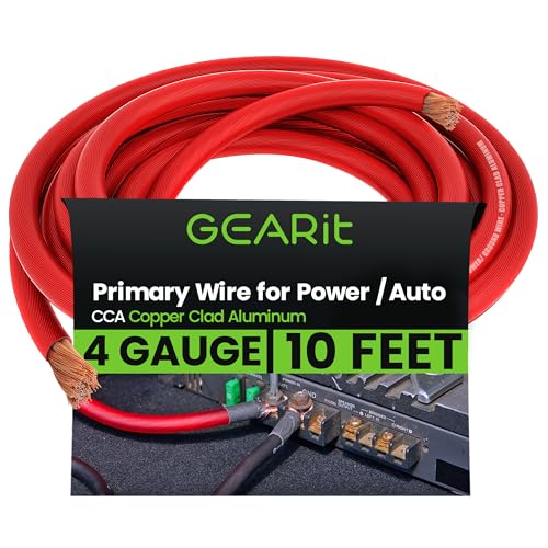 GEARit 4 Gauge Wire (10ft - Red Translucent) Copper Clad Aluminum CCA - Primary Automotive Wire Power/Ground, Battery Cable, Car Audio Speaker, RV Trailer, Amp, Electrical 4ga AWG 10 Feet
