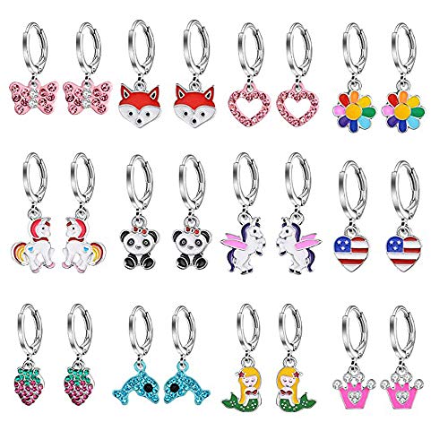 WJGJ 12 Paires de Boucles d'oreilles Anti-allergiques pour Filles, Mignonnes Boucles d'oreilles de Mode de Drapeau de Fleur de Renard de Couleurs Multiples pour Petites Filles et Femmes