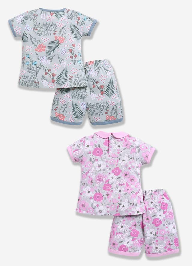 Image of Baby Girls 100% Cotton Printed Half Sleeve T-shirt & Short Summer Clothing Sets (Pack Of 2)