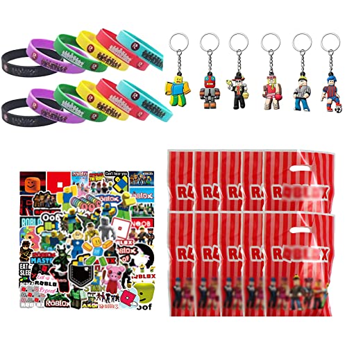 PYTRARTY Robllox Decorações de festa de aniversário para crianças, suprimentos decorações Robllox aniversário, 12 pulseiras, 10 sacos de presente, 6 chaves, 50 Robllox Stickers