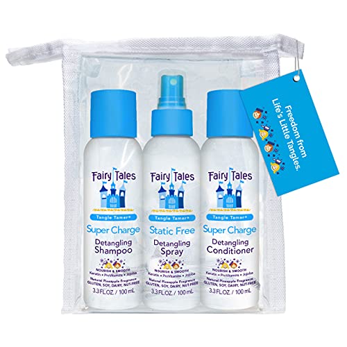 Fairy Tales Tangle Tamer Super Charge Detangling Shampoo, Conditoner, and Spray for Kids - Travel Set - Paraben Free, Sulfate Free, Gluten Free, Nut Free - 3.3 oz (Pack of 3)