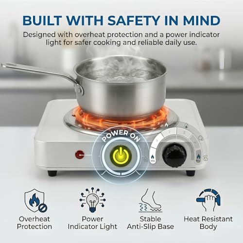 Image of Wellberg 1500W Electric Hot Plate Single Burner Portable Cooking Stove with Adjustable Temperature Control | Fast Heating Coil | Compact Electric Cooktop for Home, Office, Hostel & Travel