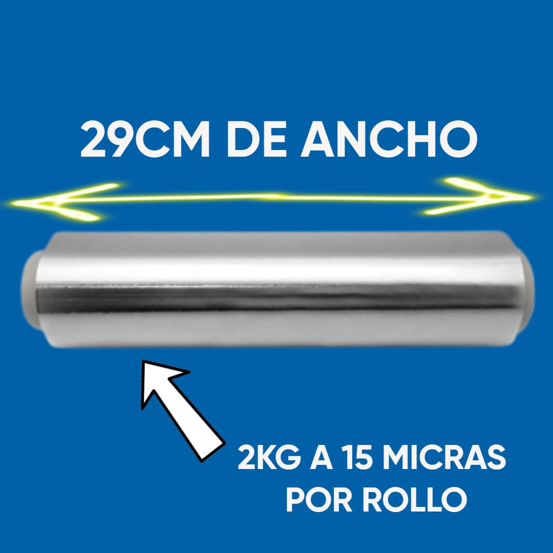Papel Aluminio Pack 2 Papel de Aluminio Industrial 29cm x 2KG por Rollo | 15 Micras | Uso Profesional Hostelería Cocina Horno Parrilla Catering | Con Sierra de Carton en la Propia Caja.