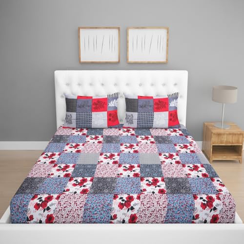 Image of ROMEE Elegant Floral Printed Glace Cotton Double Bedsheet, 144 TC Soft Feel, Queen Size (90 x 100 Inches), with 2 Pillow Covers, Multi