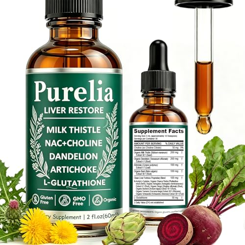 Purelia Liver Restore 2.02FL OZ Liver Restore Drops Complete Liver Support Supplement with Milk Thistle Dandelion Root L-Glutathione & Choline for Natural Balance & Liver Cleanse