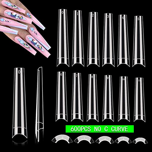 600PCS No C Curve Coffin Nail Tips for Acrylic Nails Professional XXXL Clear Coffin Nail Tips 12 Sizes Extra Long Acrylic Nails Tips Flattened Half Cover Fake Nails for Salons and Home DIY