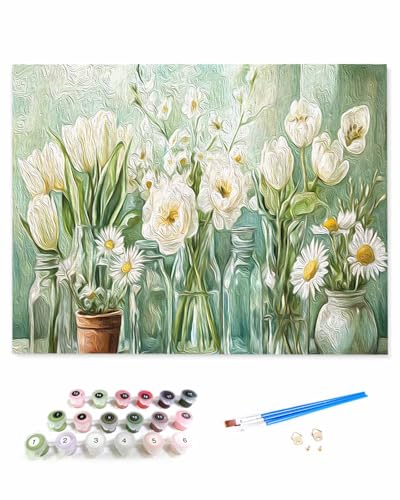VamJump 数字油絵 手塗り 油絵 バラの花 イラスト 花 チューリップ 日光 DIY絵 初心者 時間をつぶす 壁飾り アートクラフト 絵画手芸キッ 絵の具をつける 塗りつぶし掛け 40x40cm