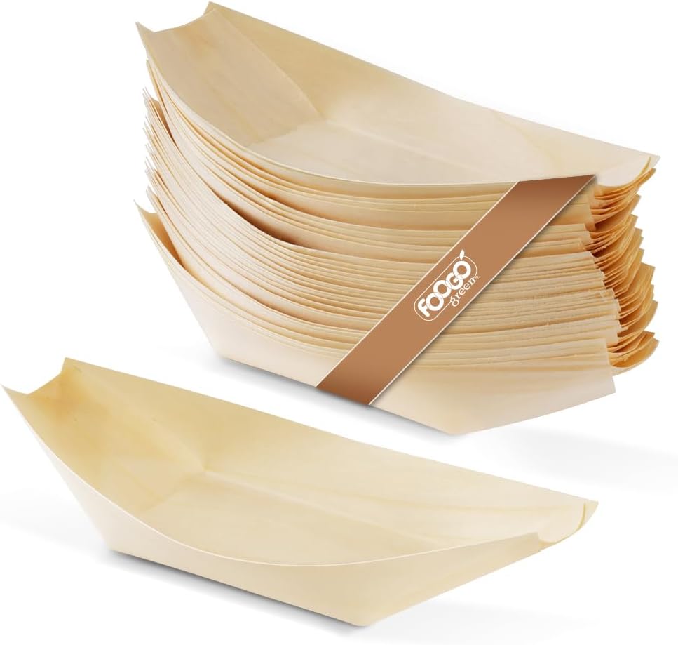 FOOGO Green 50Pcs Disposable Wooden Bamboo Boats, 7"(17.8cm), FSC® Certified, for Barbecue, Garden Party, Salad & Snacks, Eco-Friendly, Biodegradable, Wedding Party, Like Palm Leaf and Paper Bowls