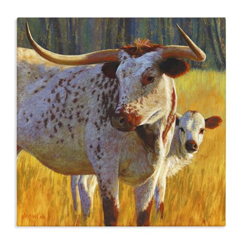 Longhorn Cow Calf Grassland, 24 x 24 Inch Canvas Wall Art