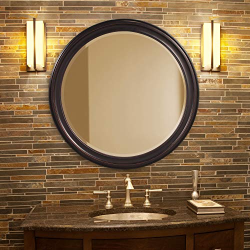 Image of Howard Elliott Collection George Round Oil Rubbed Bronze Wall Mirror, Bevelled Vintage Hanging Wood Framed Vanity Mirrors for Home Decor, Living Room, Bathroom, Bedroom, or Hallway, 36 Inch Round