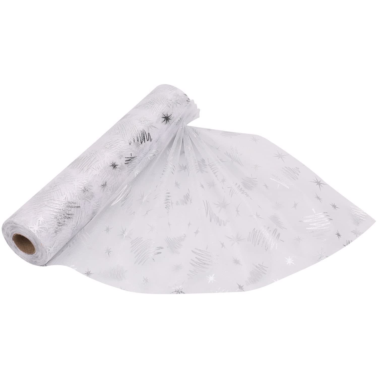 29cm x 25m Organza Roll Snow Sheer Fabric - Glitter Roll for Christmas Chair Bows, Table Runners, Dress Accents, Crafting Supplies for Ribbons, Party Favours, Christmas Tree Print - White โ image 1