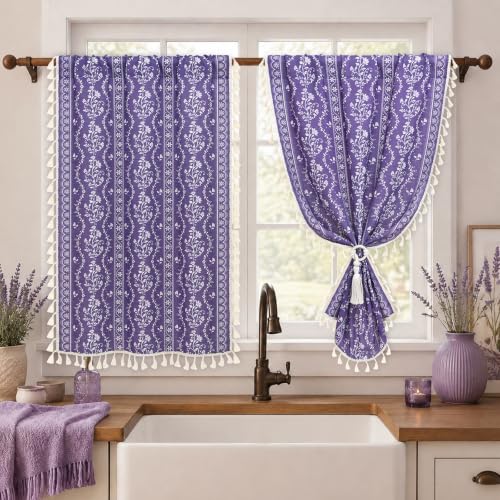 Image of Yinhua Boho Kitchen Curtains 36 Inch Length Vintage Linen Cafe Curtains Light Filtering Bohemian Floral Tier Rod Pocket Farmhouse Rustic Tassel Small Drapes with Tiebacks, 2 Panels, Purple