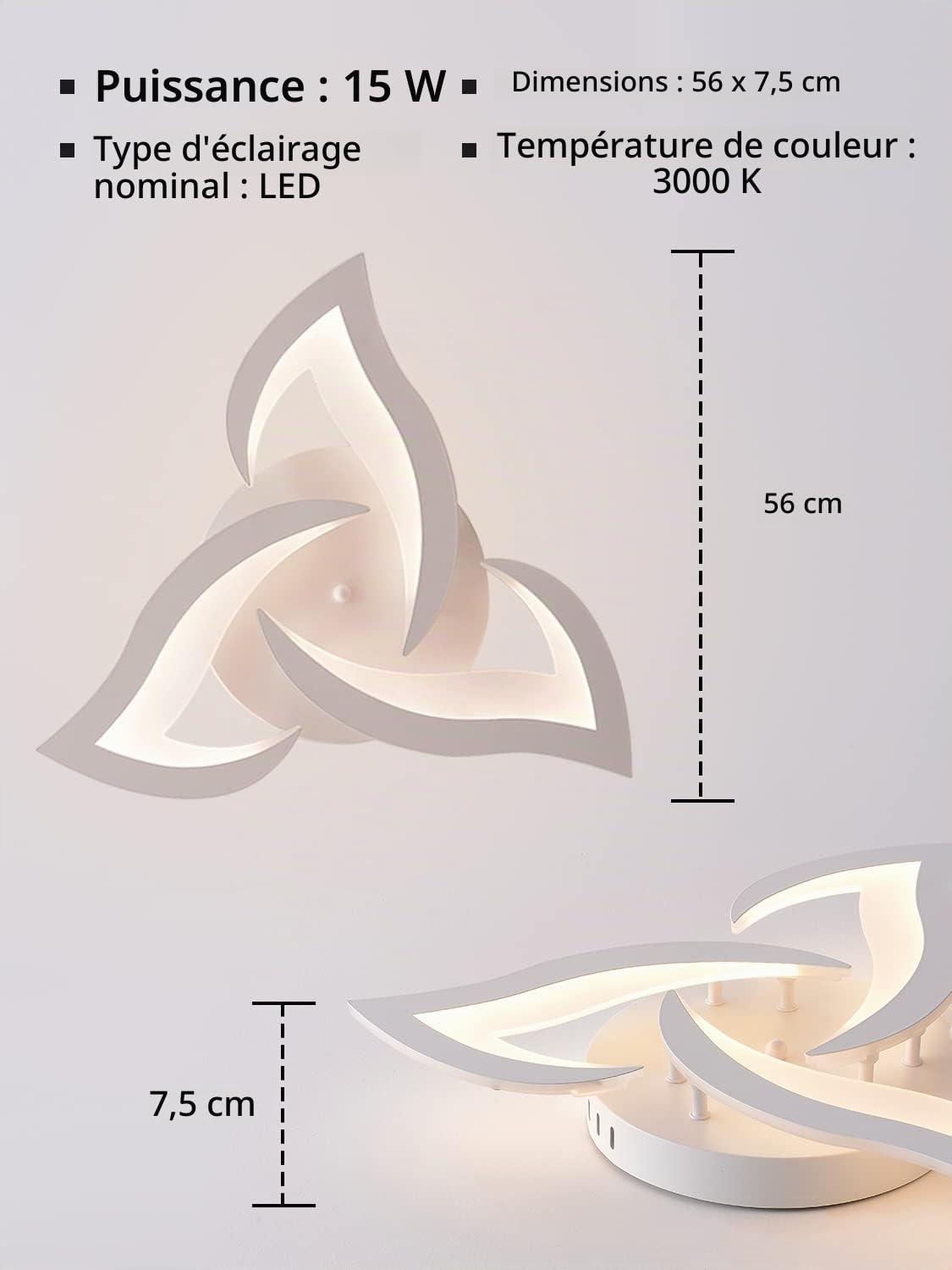 56cm Plafonnier LED Salon Fleurs Lustre Chambre 3000K Luminaire Blanc