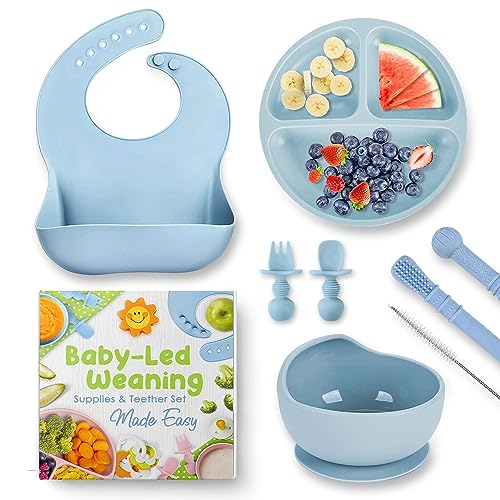 Image of BAEDIMI Baby Led Weaning Supplies - Silicone Baby Feeding Set - Divided Plate, Suction Bowl, Bib, Self Feeding Spoon and Fork, Teethers Set - First Stage Solid Food Eating Utensils 6+ Months