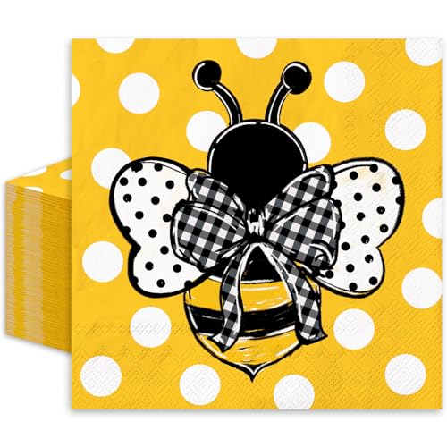 JarThenaAMCS 80 Pcs Bee Luncheon Napkins Bumblebee Dots Disposable Paper Napkin Decorative Yellow Black Dessert Dinner Hand Napkin for Summer Party Supplies Decor