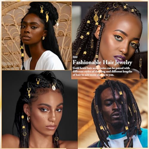 285PCS Gold Hair Jewelry for Braids, Gold Dreadlock Hair Accessories with Pendants Charms, Loc Jewelry for Hair Dreadlocks Rings Cuff Clips Charms for Braid Decoration2