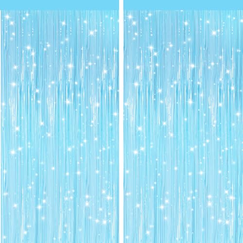Image of GCB 2Pack Macaron Blue Metallic Tinsel Foil Fringe Curtains, Pastel Blue Door Streamers Photo Booth Backdrop for Birthday Party, Tinsel Curtain Backdrop for Baby Shower Bachelorette Party Decorations