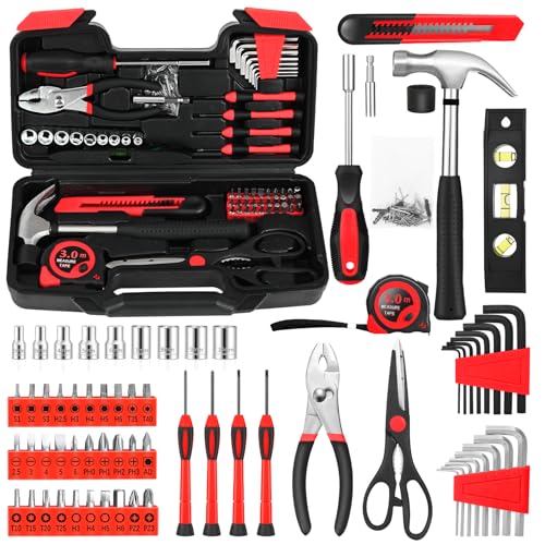 Image of 144-Piece Red Home Tool Set, Household Hand Kit with Plastic Toolbox | Basic repair tools for women & college students, all-purpose dorm set for home, apartment, office & daily household DIY use