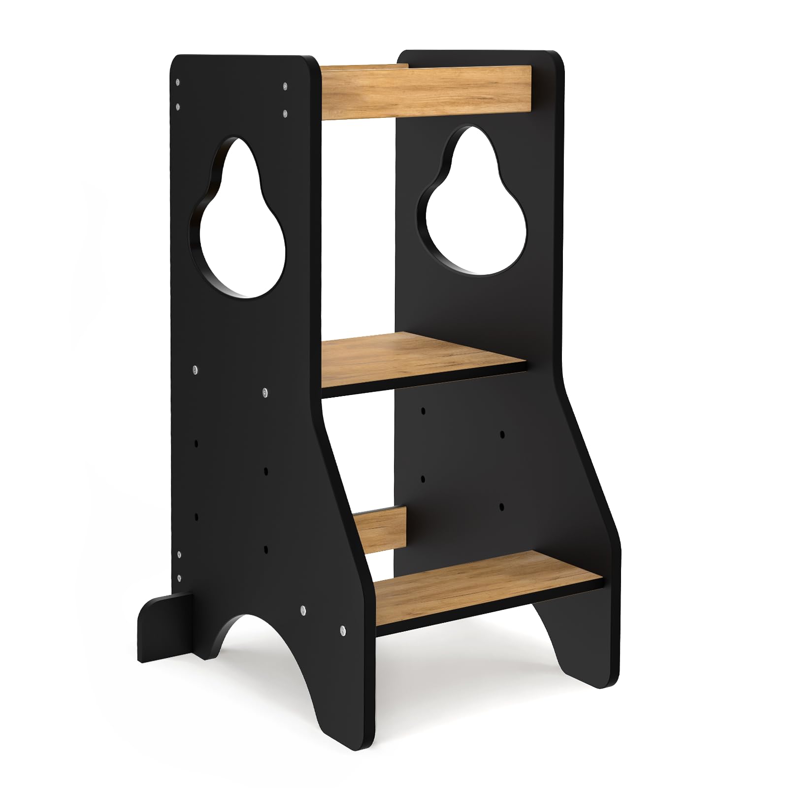 COSYLAND Tour d Observation Montessori Réglable en Hauteur pour Enfants de 18 Mois à 6 Ans, Chaise d Apprentissage Sécurisée en Bois, Design Moderne et Stable, Idéale pour Bébé - Noir/Naturel