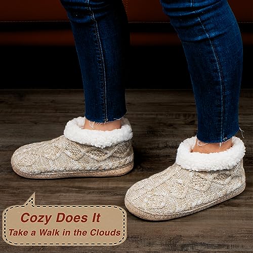 Cable Knit House Slippers for Women Indoor, Sherpa Fleece Lined Soft Loafer Shoes, Winter Warm Fluffy Bedroom Fuzzy Socks Non-slip Grippers, Cozy Gifts Unique4