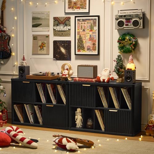 Image of LEYAOYAO Large Record Player Stand with Vinyl Storage Up to 450 Albums, Wood Fluted Boho Record Storage Accent Cabinet, Modern Stereo Media Cabinets, Wide Turntable Stand for Living Room, Black Oak